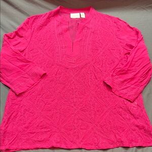 Chico's Pink Relaxed-fit, Sheer, Detailed Embroidery Tunic with Mandarin Collar